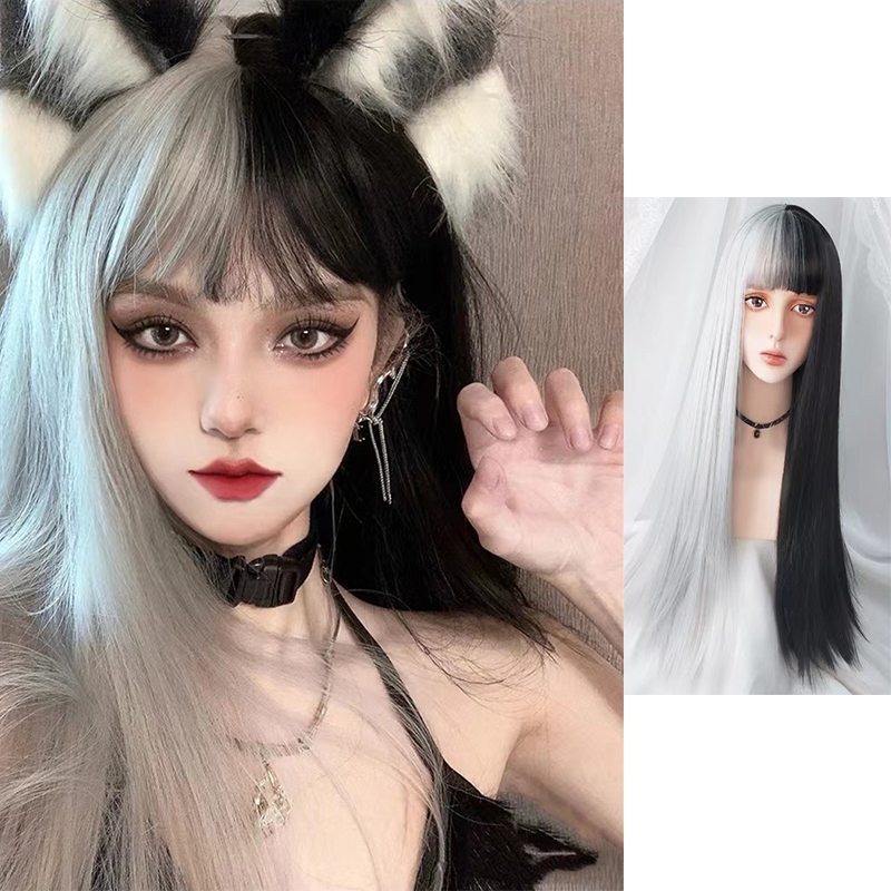 วิกผมยาวตรง 2 สี พร้อมหน้าม้า คอสเพลย์โลลิต้า วิกผมสังเคราะห์ สําหรับผู้หญิง ผู้ชาย ปาร์ตี้ วิกผม