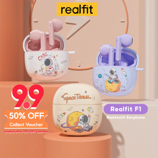 Realfit F1 ชุดหูฟังบลูทูธไร้สาย HD สเตอริโอ ความล่าช้าต่ํา พร้อมไมโครโฟน และเคสป้องกัน ลายการ์ตูนน่ารัก