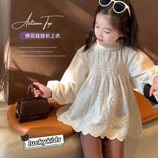 เสื้อเบลาส์ แขนยาว ปักลายดอกไม้ ลูกไม้ น่ารัก สไตล์เจ้าหญิง สําหรับเด็กผู้หญิง