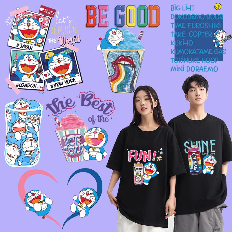 แผ่นสติกเกอร์รีดร้อน ลายการ์ตูนโดราเอมอน สําหรับตกแต่งเสื้อผ้า ของขวัญวันเกิด