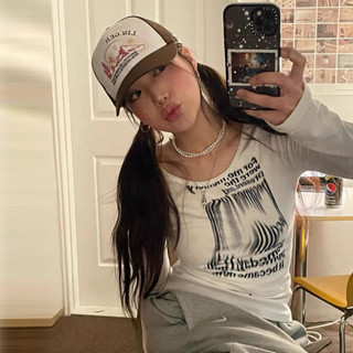 Letter Halo Dye Printing Slim Fit Spicy Girl Long Sleeve Off Shoulder Versatile Top T-shirt