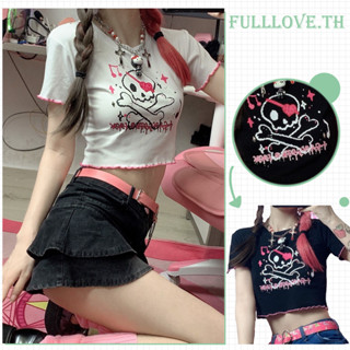 Fulllove เสื้อยืดแขนสั้นพิมพ์ลายการ์ตูนสไตล์ฮาราจูกุสําหรับผู้หญิง สไตล์อเมริกันเรโทร y2k Crop Top