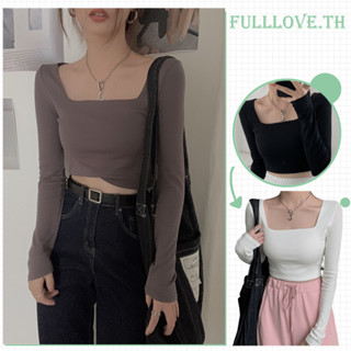 Fulllove เสื้อยืด แขนยาว คอยู สีพื้น สำหรับผู้หญิง Crop Top