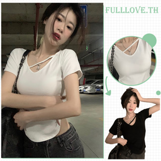 Fulllove เสื้อยืดคอกลม แขนสั้น เสื้อครอป สีพื้น สำหรับผู้หญิง y2k crop top