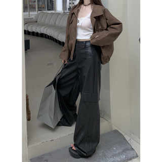 Autumn high waisted retro loose fitting casual work clothes wide leg leather pants wide pants casual pants