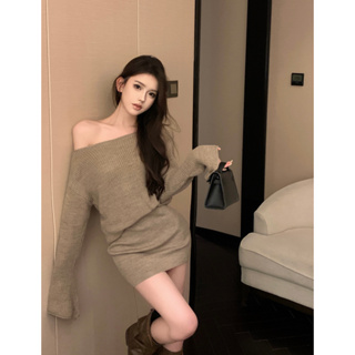 American retro miu style dress with lazy and pure desire, one shoulder sweater, long and short half skirts, knitted set for women