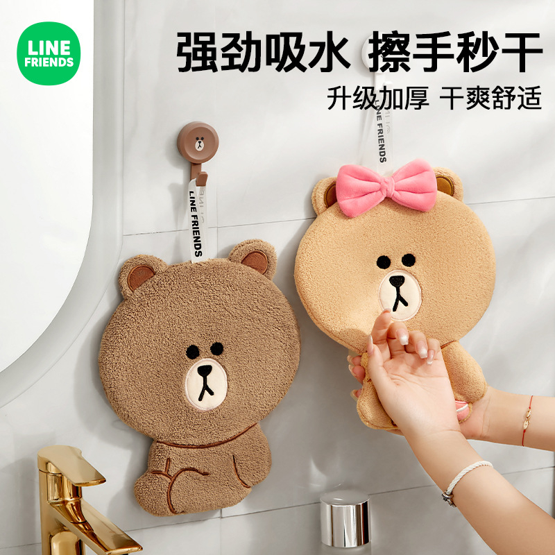 Line FRIENDS ผ้าขนหนูเช็ดมือ ลายการ์ตูนหมี ดูดซับน้ําได้ดี ไม่เป็นขุย ทรงสี่เหลี่ยม แห้งเร็ว สําหรับห้องครัว ครัวเรือน