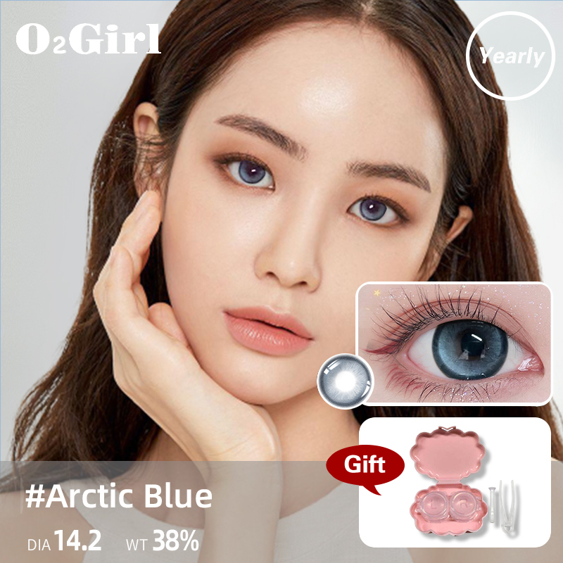 O2girl คอนแทคเลนส์สายตาสั้น สีเทา สีฟ้า 14.2 มม. ใช้ได้ปีเดียว 2 คู่