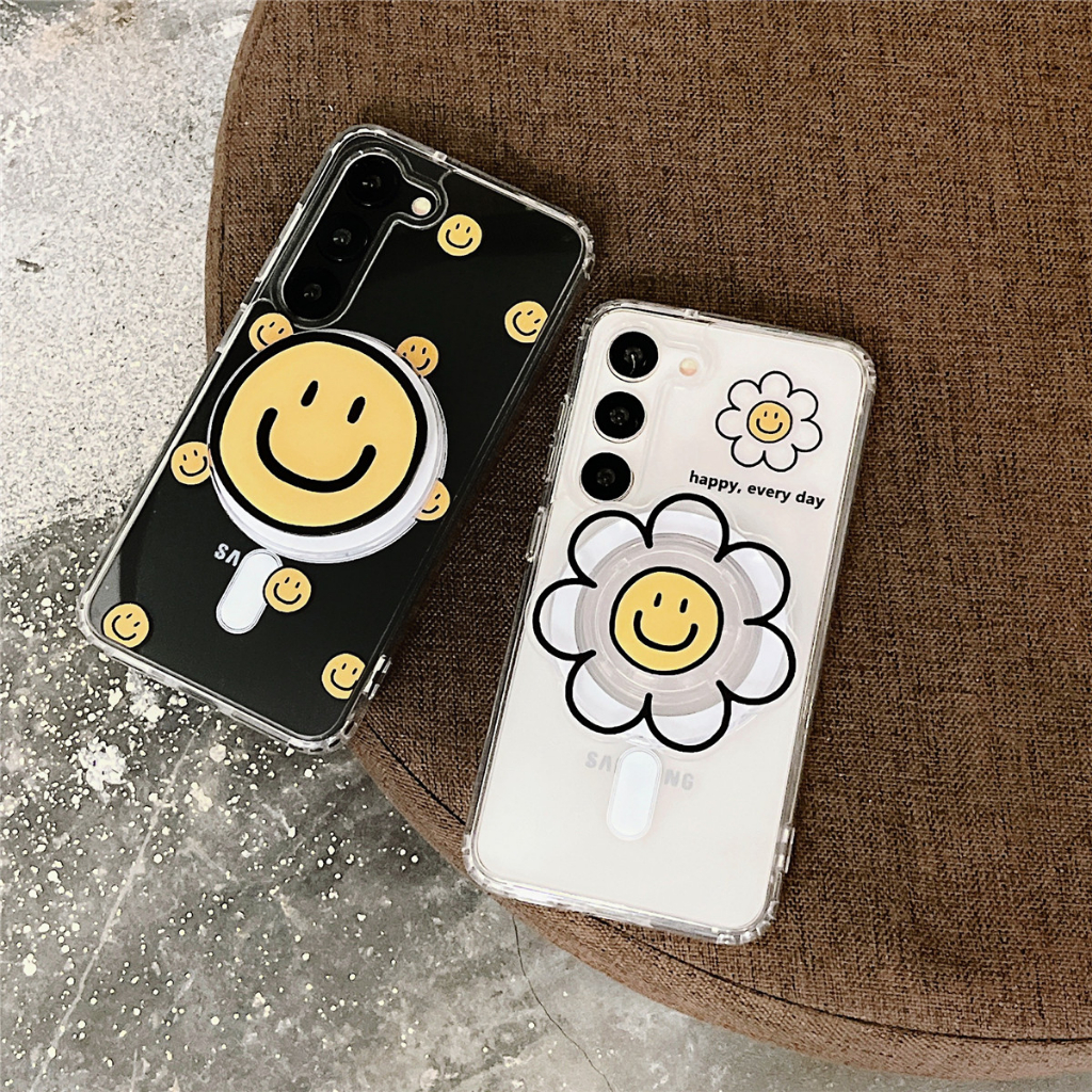 แฟชั่น ดอกไม้ยิ้มแย้ม Magnetic วงเล็บ ซองโทรศัพท์ Samsung Galaxy S23 Ultra S23 Plus S23 S22 Ultra S22 Plus S22 Case เคสโทรศัพท์ใหม่ ความโปร่งใส ป้องกันการตก เคสมือถือซัมซุง