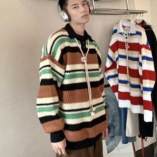 เสื้อกันหนาว คอปกโปโล ทรงหลวม ลายทาง สีรุ้ง สไตล์ญี่ปุ่น สําหรับผู้ชาย ไซซ์ S - 2XL มี 3 สี