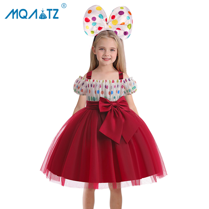 Mqatz ชุดเดรสคอสเพลย์ ลายจุด ประดับโบว์ หลากสี สําหรับเด็กผู้หญิง AWS038