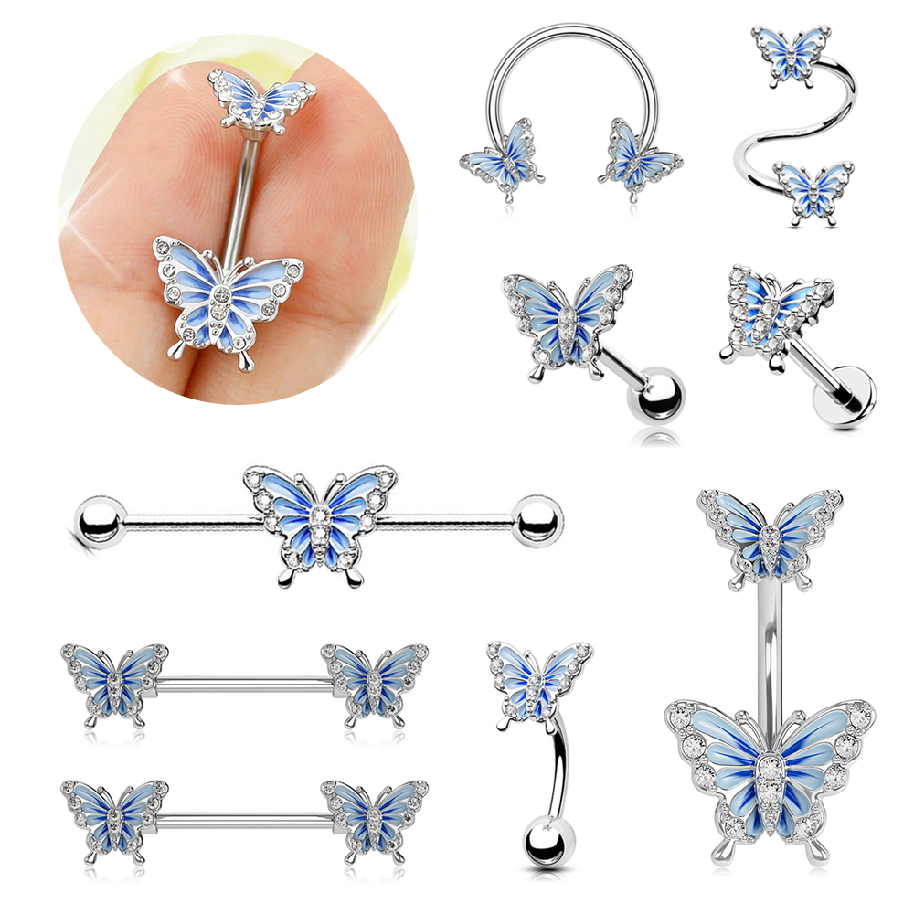 1 PC Blue Butterfly Body Piercing สแตนเลสต่างหูกระดูกอ่อน Labret คิ้วเจาะจมูก Navel แหวนอุตสาหกรรม Barbell