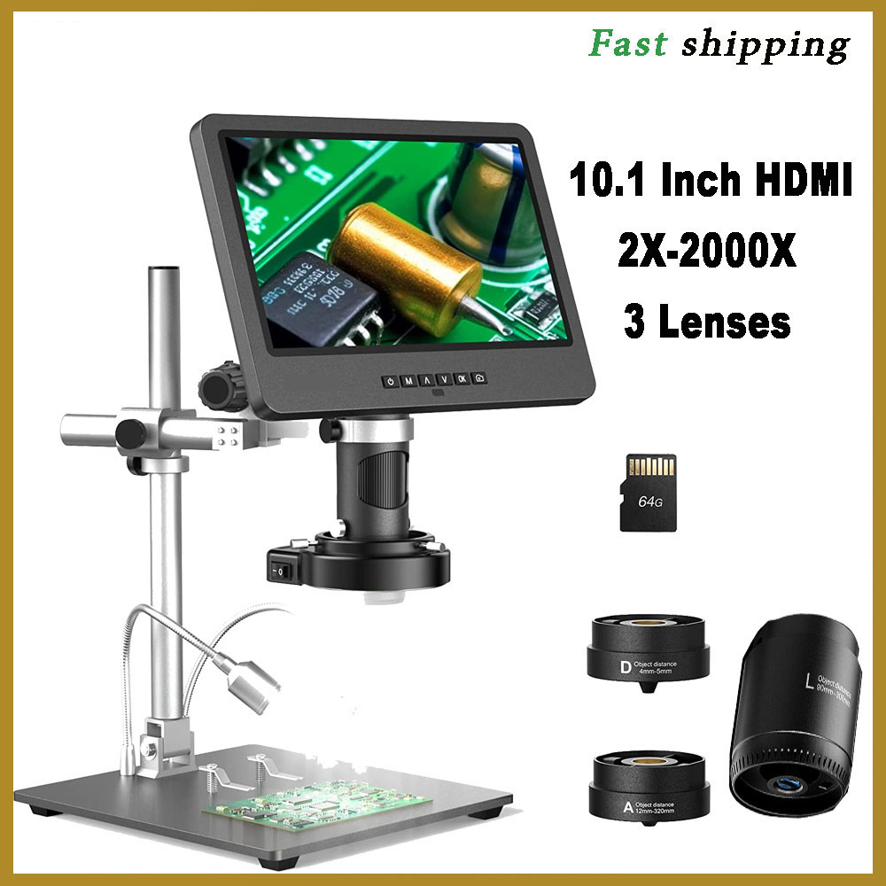TOMLOV DM602 Pro 10.1 "LCD HDMI กล้องจุลทรรศน์ดิจิตอล 2000X อัพเกรด Pro Boom Stand 3 เลนส์แหวนสําหรับบัดกรีข้อผิดพลาดเหรียญสไลด์ชีวภาพ