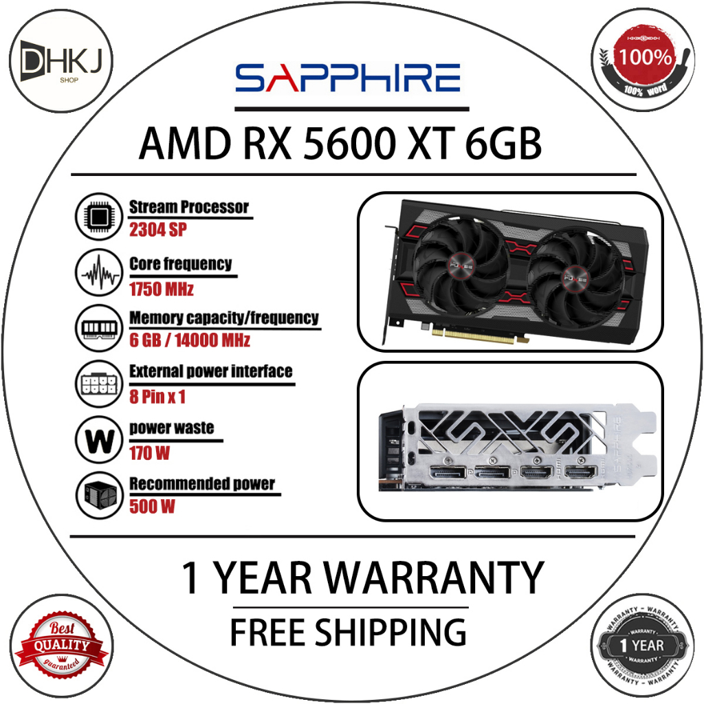 ใช้ Sapphire RX 5600 XT 6G D6 กราฟิกการ์ดสําหรับเล่นเกม 5600XT GPU 2304SP GDDR6 RX 5600XT การ์ดวิดีโ