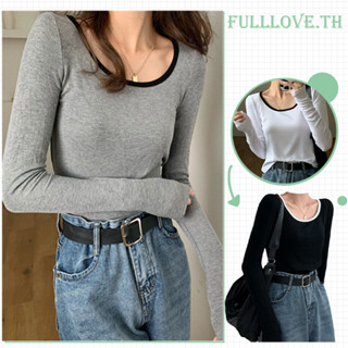 Fulllove Crop Top Y2K เสื้อครอปแขนยาว คอกลมกว้าง สีตัดกัน สำหรับผู้หญิง เสื้อยืด แขนยาว 3สี