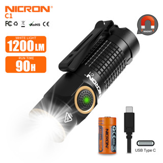 Nicron ไฟฉาย C1 1200lumens Mini LED ไฟฉาย โคมไฟ 148 เมตร ระยะไกล 16340 ไฟฉายชาร์จไฟ ที่มีประสิทธิภาพ น้ําหนักเบา