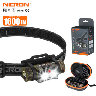 Nicron H28 ไฟฉายคาดศีรษะ 1600lumens ความสว่างสูง ควบคุมสองสวิช ไฟหน้า LED ลายพราง H28 กันน้ํา 18650 Type-c