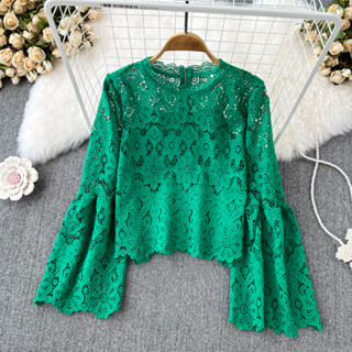 เสื้อเชิ้ตแขนยาว ทรงหลวม ปักลายลูกไม้ สไตล์เกาหลี สําหรับผู้หญิง พร้อมส่ง