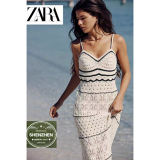 Zara ชุดจั๊มสูทกระโปรงยาว แขนกุด คอวี ผ้าถัก เอวสูง ทรงเอ เซ็กซี่ สไตล์อเมริกัน สําหรับสตรี