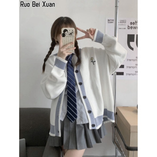 Ruo Bei Xuan เสื้อกันหนาว แจ็กเก็ต คอวี ผ้าถัก ทรงหลวม สไตล์เกาหลี สําหรับผู้หญิง