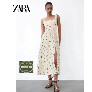 Zara ชุดเดรสกระโปรง แขนกุด เอวสูง เข้ารูป ปักลายดอกไม้ สไตล์ยุโรป อเมริกัน สําหรับสตรี