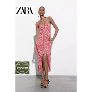 Zara ผู้หญิง สไตล์ใหม่ คอวี สายสะพายไหล่ บาง สีแดง ดอกไม้ ชุดเดรสสลิง เอวสูง แขนกุด เกาะอก กระโปรงสาวเซ็กซี่ สไตล์อเมริกัน ทรงสลิมฟิต เข้ารูป ดูผ่าข้าง แฟชั่น ทรงเอ สกี