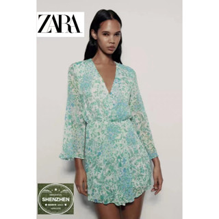 Zara ชุดจั๊มสูทแขนยาว คอวี เอวสูง ลายดอกไม้ สไตล์อเมริกัน สําหรับผู้หญิง