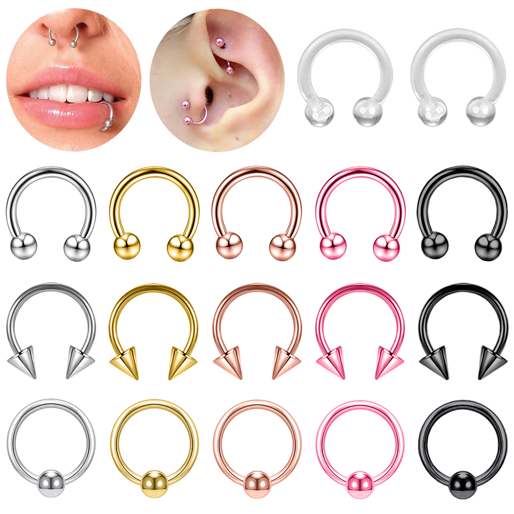 1 PC 6/8/10 มม.สแตนเลสสตีล Horseshoe แหวนจมูก Spike Septum เจาะต่างหูกระดูกอ่อน Helix Daith Nostrail เจาะ