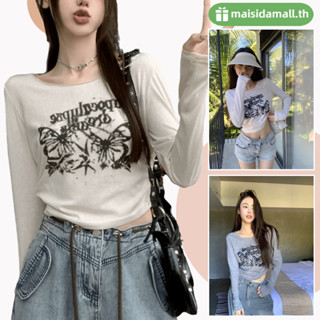🔥พร้อมส่ง🔥MSD เสื้อครอปไหมพรม คอกลมแขนยาว น่ารักสีพื้นกำลังมา