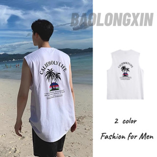 BAOLONGXIN เสื้อกั๊กผู้ชายสไตล์เกาหลีพิมพ์ลายอเนกประสงค์ฤดูร้อนกีฬายอดนิยมชายหาดวันหยุดเสื้อยืดแขนกุด