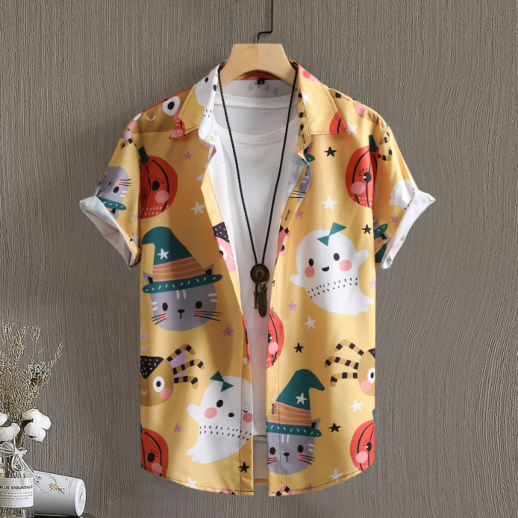 เสื้อเชิ้ตแขนสั้นลําลอง ลายฟักทอง สีเหลือง แฟชั่นฤดูร้อน สไตล์เรโทร สําหรับผู้ชาย 2023