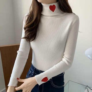 เสื้อกันหนาวแขนยาว ผ้าถัก เข้ารูป ปักลายหัวใจ สีพื้น สําหรับผู้หญิง