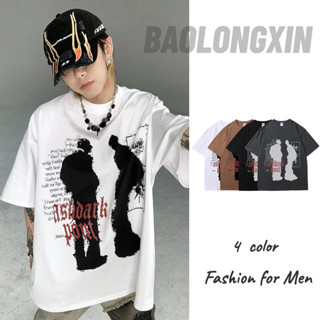 BAOLONGXIN เสื้อยืดผู้ชาย American street hip-hop บทคัดย่อแมวพิมพ์แขนสั้นคู่หลวมวิทยาลัยลมด้านบน