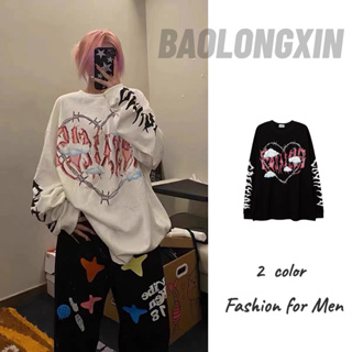 Baolongxin เสื้อยืดคอกลม แขนยาว พิมพ์ลายหัวใจ ทรงหลวม สไตล์สตรีท อเมริกัน