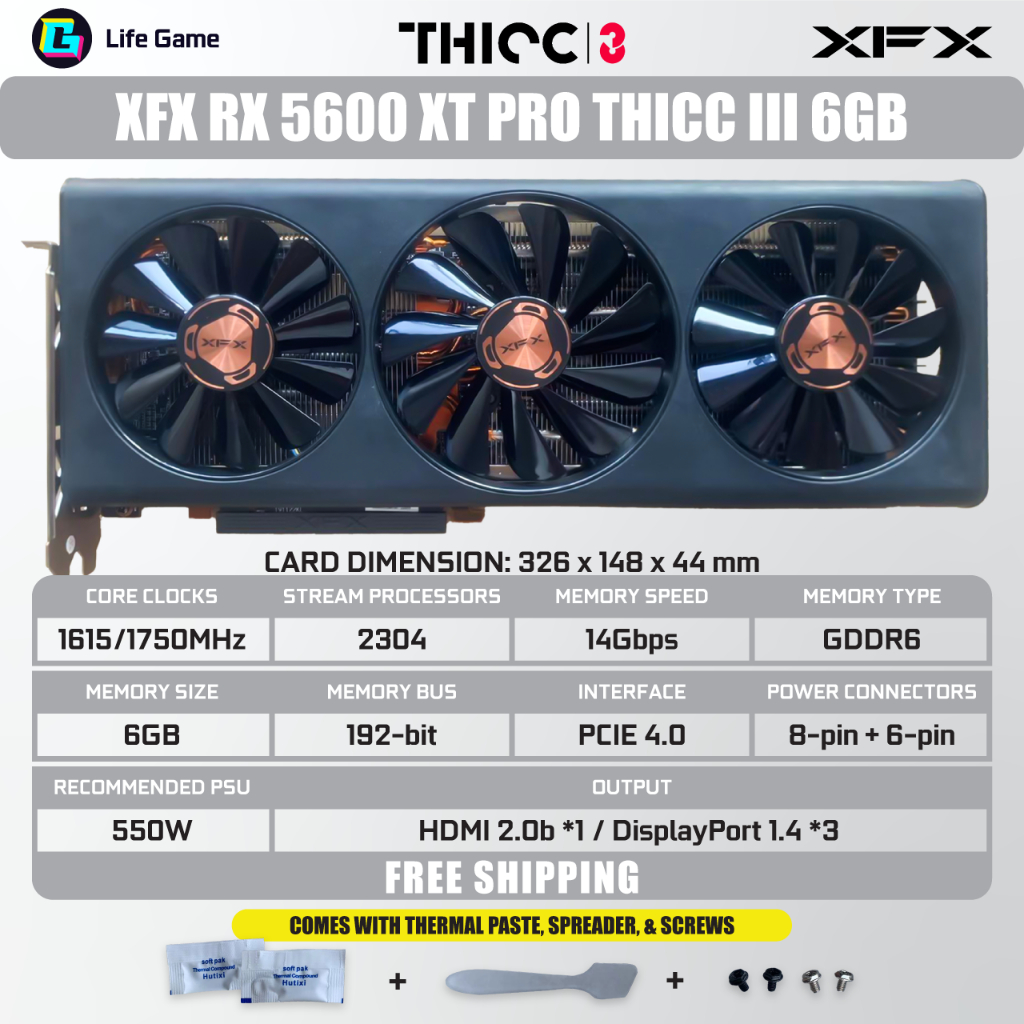 99% ใหม่ XFX RX 5600 XT PRO THICC III 6GB GDDR6 AMD กราฟิกกราฟิกการ์ดกราฟิกการ์ด GPU RX5600XT 5600XT
