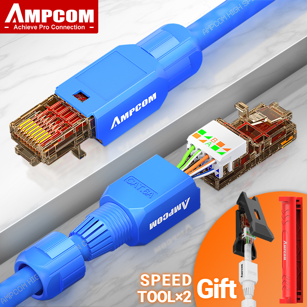 AMPCOM ตัวต่อเครื่องปั้นดาวน์ CAT6A UTP แบบไม่ต้องใช้เครื่องมือ RJ45, ไม่ต้องใช้เครื่องรีมเพอร์ CAT6A CAT6 RJ45 มีหลายสีให้เลือก 50U 2/10 แพ็ค