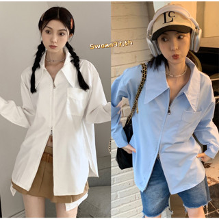 👚พร้อมส่ง👚 เสื้อเชิ้ตแขนยาว คอปก มีซิป โอเวอร์ไซซ์ สไตล์เกาหลี มินิมอล สําหรับผู้หญิง