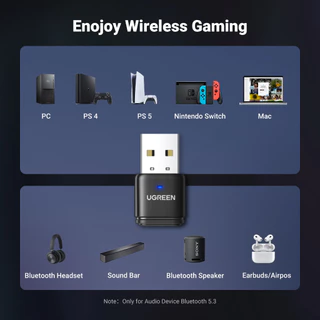 Ugreen เครื่องส่งสัญญาณบลูทูธ 5.3 พร้อมไมโครโฟนไร้สาย 3.5 มม. aptX สําหรับ PS4 PS5 Switch PC Earbuds