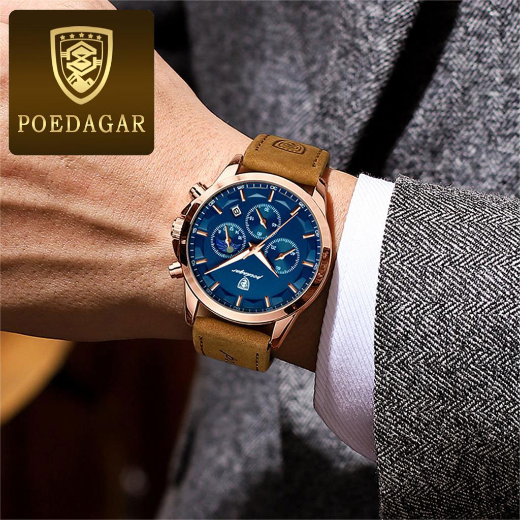 POEDAGAR นาฬิกาผู้ชาย กันน้ำ 100% แท้ ธุรกิจ กีฬา รับประกัน มัลติฟังก์ชั่น พร้อมกล่อง ดูเวลา ดูวันที่ เรืองแสง สายหนังกันน้ำ 928