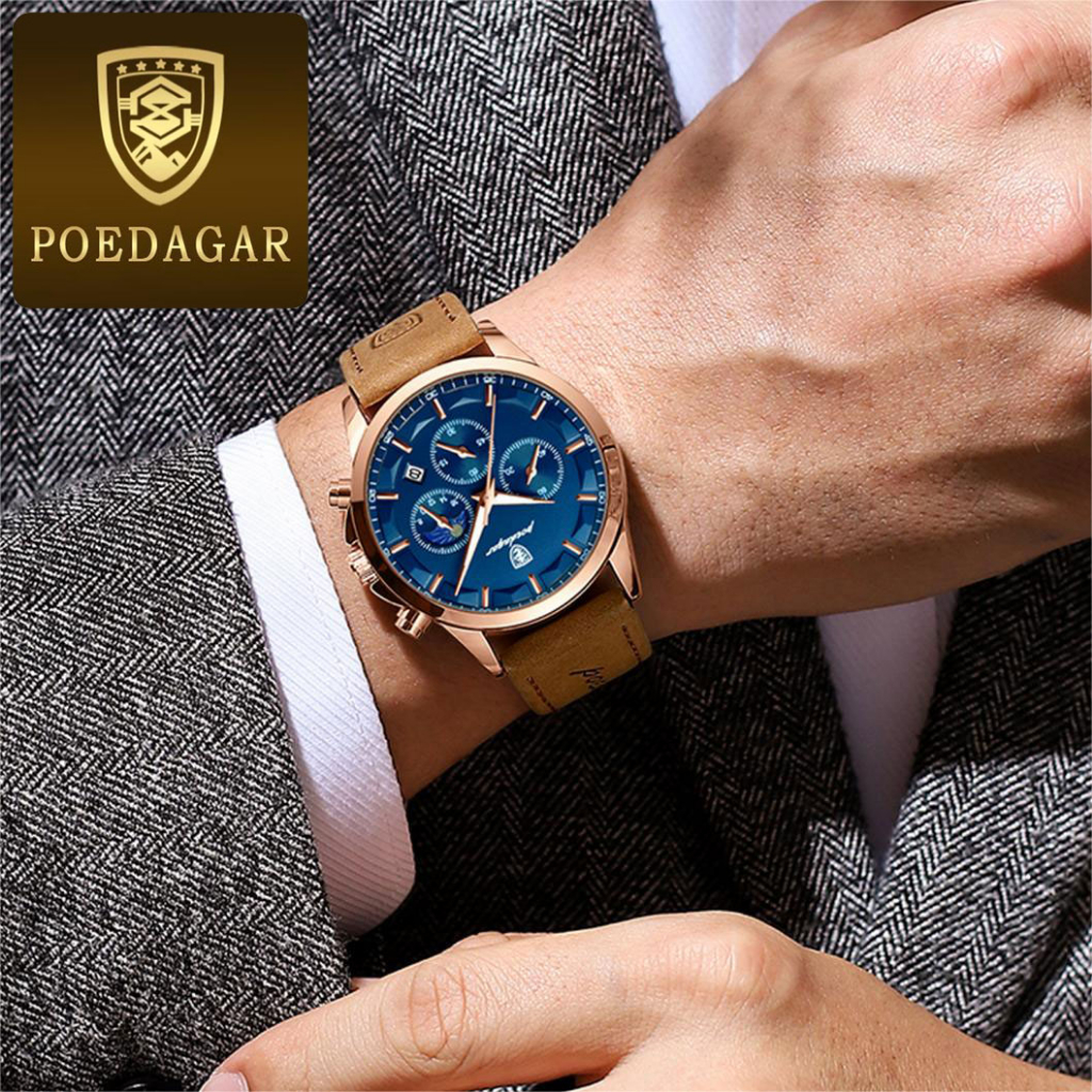 POEDAGAR นาฬิกาผู้ชาย กันน้ำ 100% แท้ ธุรกิจ กีฬา รับประกัน มัลติฟังก์ชั่น พร้อมกล่อง ดูเวลา ดูวันที่ เรืองแสง สายหนังกันน้ำ 928