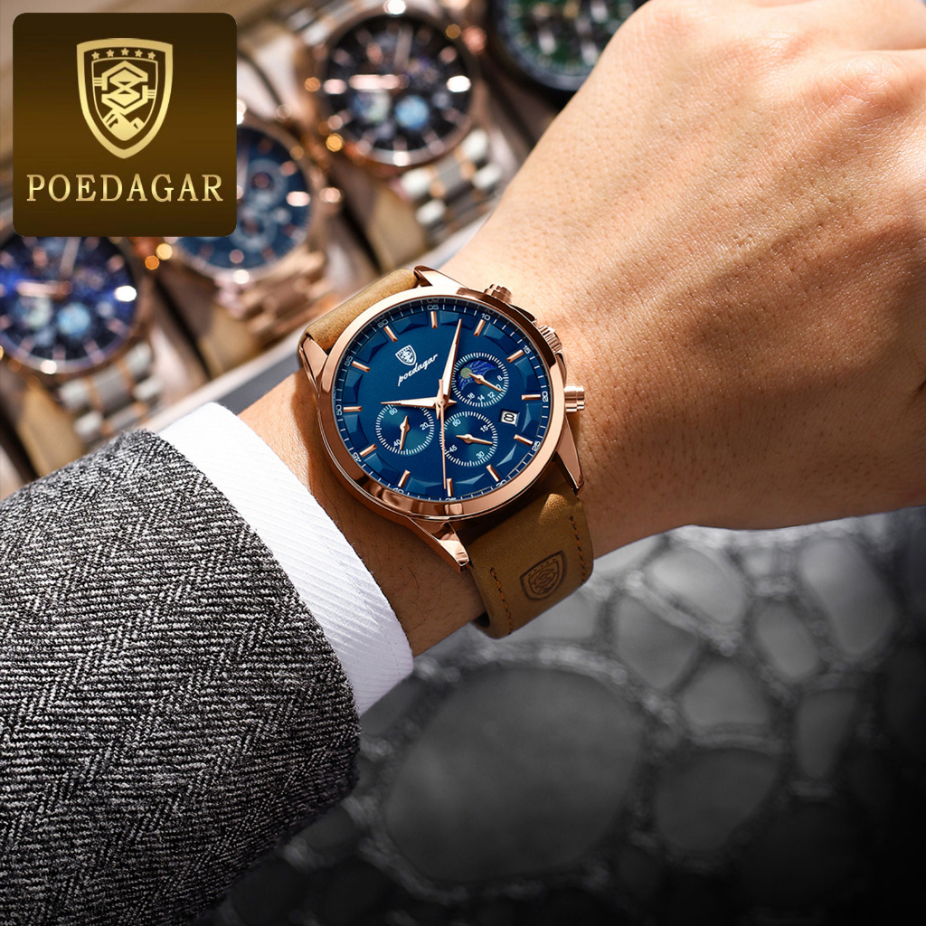 POEDAGAR นาฬิกาผู้ชาย กันน้ำ 100% แท้ ธุรกิจ กีฬา รับประกัน มัลติฟังก์ชั่น พร้อมกล่อง ดูเวลา ดูวันที่ เรืองแสง สายหนังกันน้ำ 928