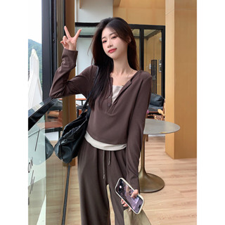 Sharon Spliced Design Long Sleeve Top Casual Wide Leg Trouser Set