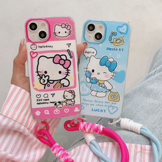 เคสโทรศัพท์มือถือ ลายการ์ตูนแมว KT สีชมพู สีฟ้า พร้อมสายคล้องมือ สําหรับ iPhone 15 Pro max 14Pro max case 15 Pro 13Pro max 12Pro max 14Pro 13Pro 12Pro 11 12 13 14 15 ultra case