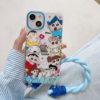 เคสโทรศัพท์มือถือ ลายการ์ตูนชินจัง พร้อมสายคล้องมือ สีฟ้า สําหรับ iPhone 15 Pro max 14Pro max case 15 Pro 13Pro max 12Pro max 14Pro 13Pro 12Pro 11 12 13 14 15 ultra case เคสแข็ง