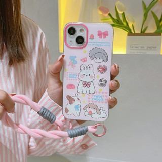 เคสโทรศัพท์มือถือ ลายการ์ตูนลูกสุนัข ลูกแมว สีชมพู พร้อมสายคล้องมือ สําหรับ iPhone 15 Pro max 14Pro max case 15 Pro 13Pro max 12Pro max 14Pro 13Pro 12Pro 11 12 13 14 15 ultra พีซีแข็ง แข็งแรง