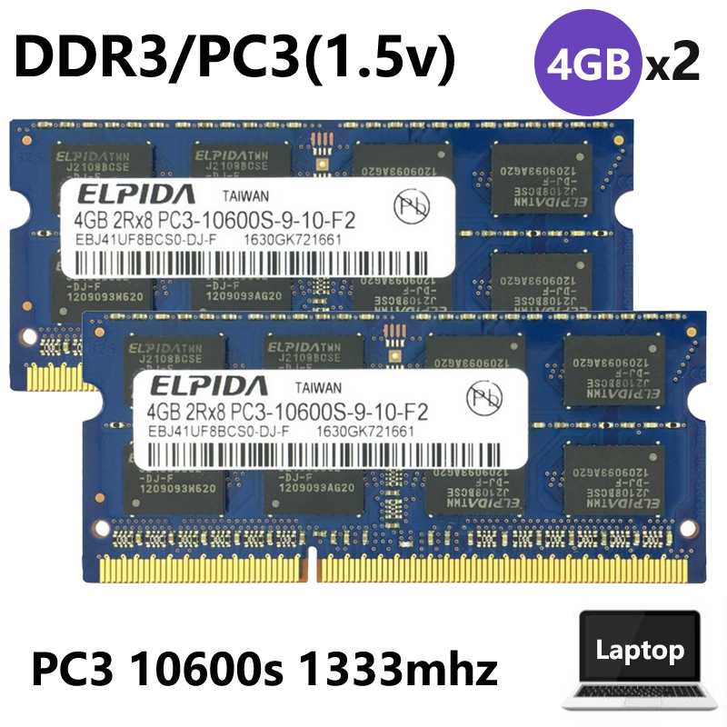 สําหรับ ELPIDA 8GB(4GBx2pcs) 2Rx8 PC3-10600S DDR3 1333mhz 1.5V แล็ปท็อป RAM หน่วยความจําโน้ตบุ๊ค 204