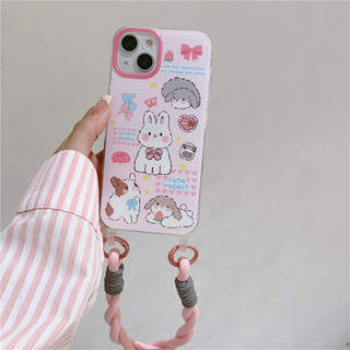 เคสโทรศัพท์มือถือนิ่ม ลายการ์ตูนกระต่าย ประดับโบว์ พร้อมสายคล้อง สําหรับ iPhone 11 12 13 14 15 PRO MAX iPhone14 iPhone14Pro