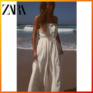 Zara ใหม่ ชุดเดรส เปิดหลัง เอวผูกเชือก ผ้าลินิน ปักลาย 5107305