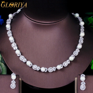 Gloriya ชุดสร้อยคอ ต่างหู ประดับไข่มุก แพลตตินัม ชุบแพลตตินัม AAA Cubic Zirconia Hollow Pear Drop JS226