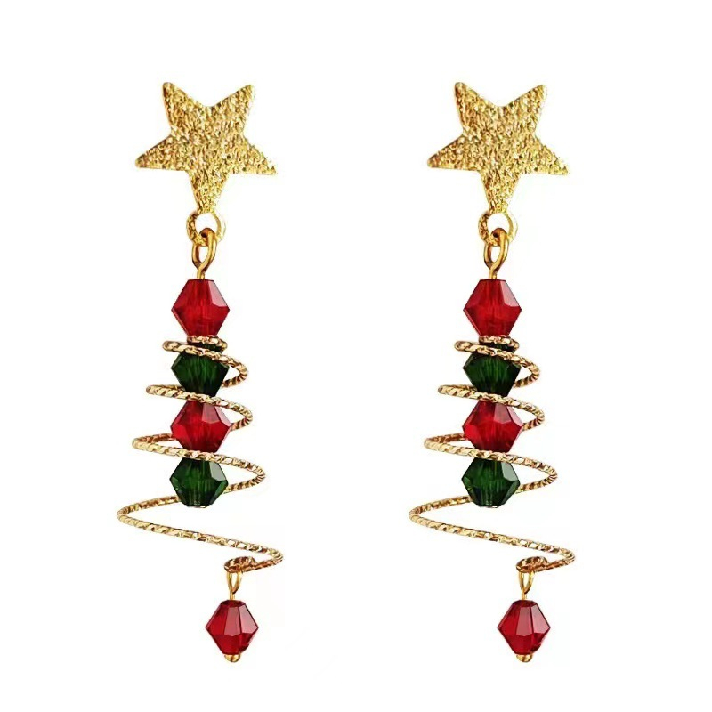 Merry Chrismas Christmas Tree ต่างหูสีแดงสีเขียว Contrast สี Star สีสันต่างหูผู้หญิงเครื่องประดับแฟชั่น Xmas ของขวัญวันหยุดฉลองปาร์ตี้เทศกาล